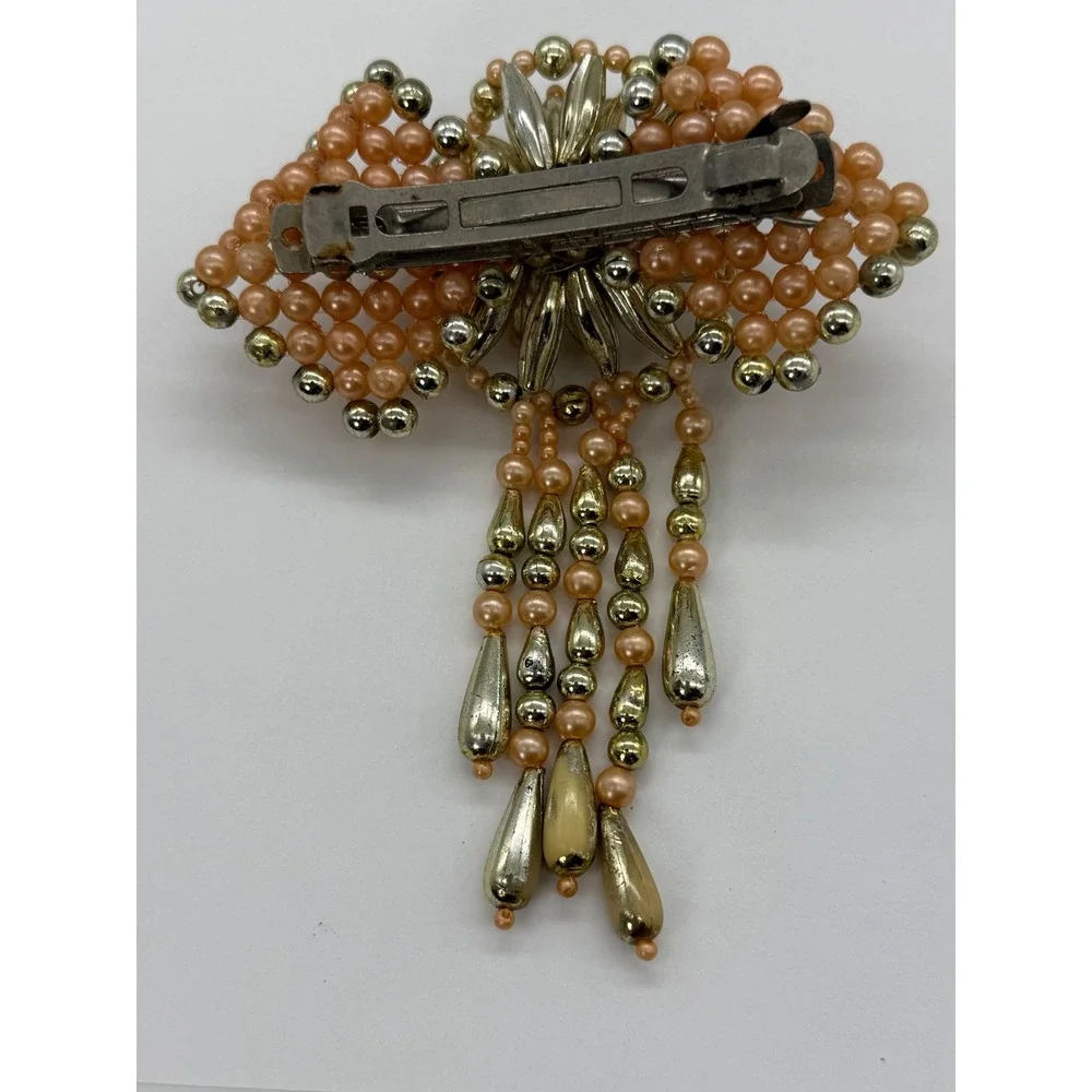 Vintage Faux Pearl Beaded Big Bow Dangle Hair Barrette French Clip Peach Gold